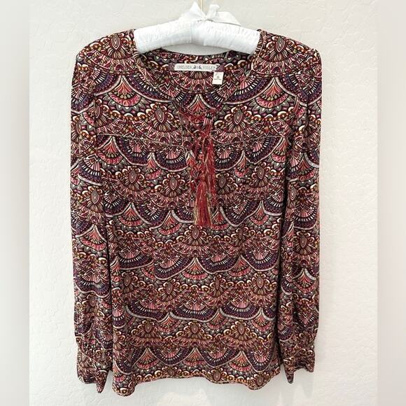 CHELSEA & VIOLET | Bohemian Paisley Print Corset Tassel Long Sleeve Top | Small - Picture 1 of 6
